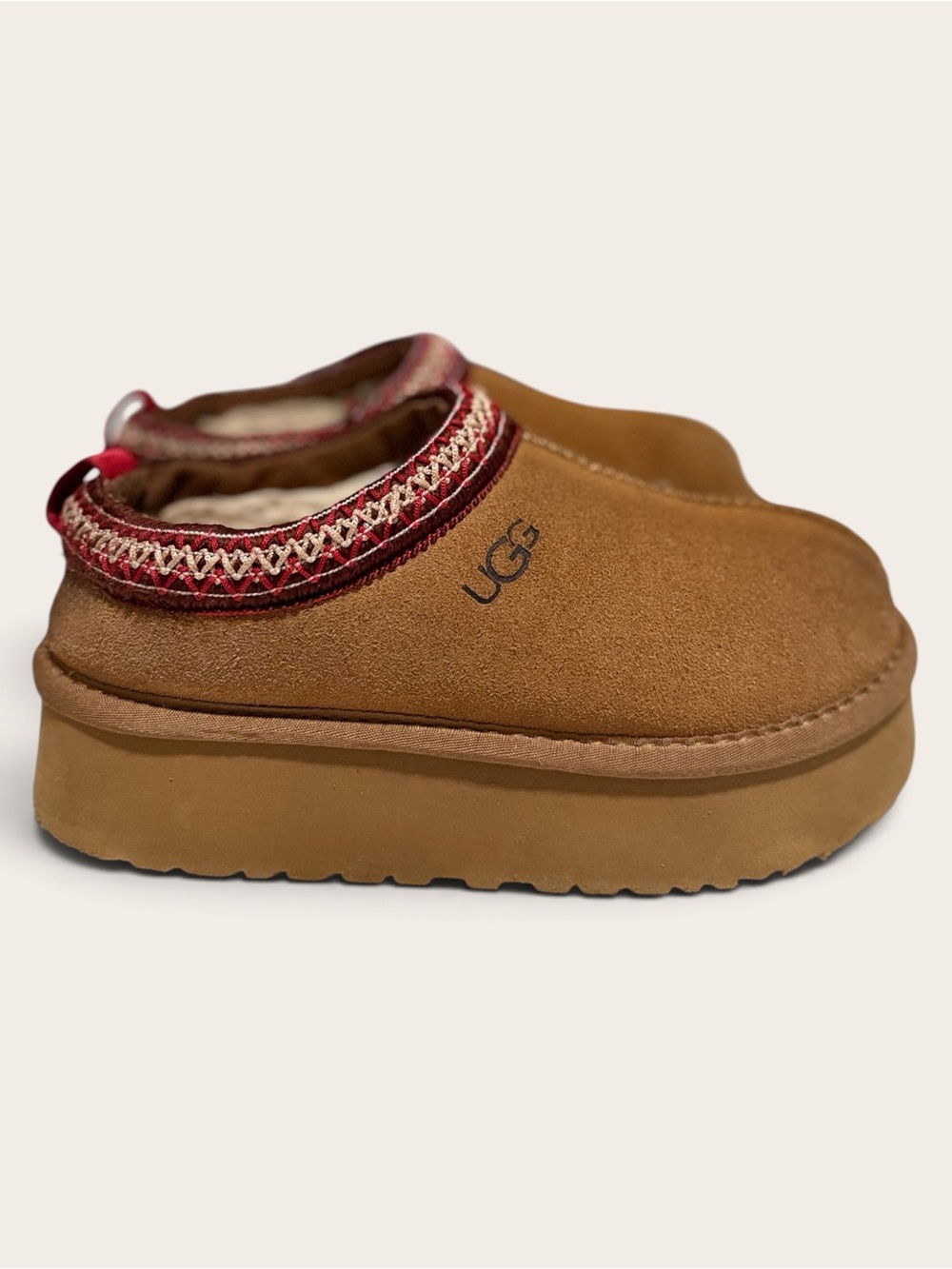 UGG Kids Chestnut Suede Slip-On Clog with Red Accent Collar